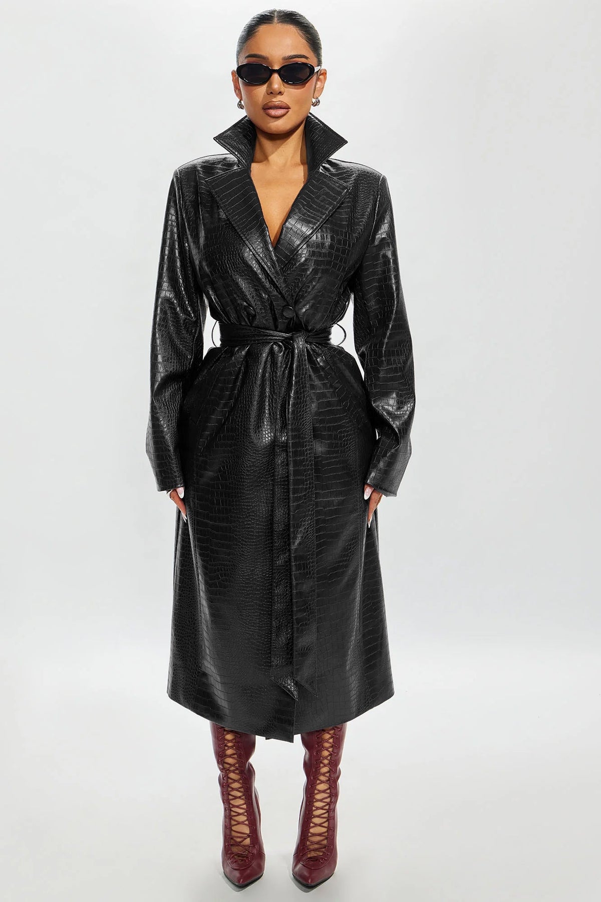 Victoria Faux Leather Trench Coat - Black