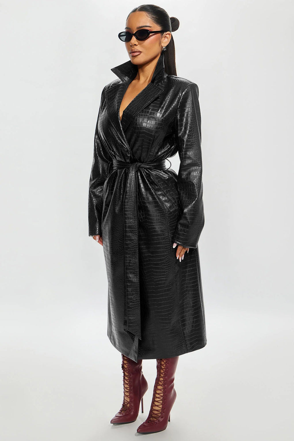 Victoria Faux Leather Trench Coat - Black