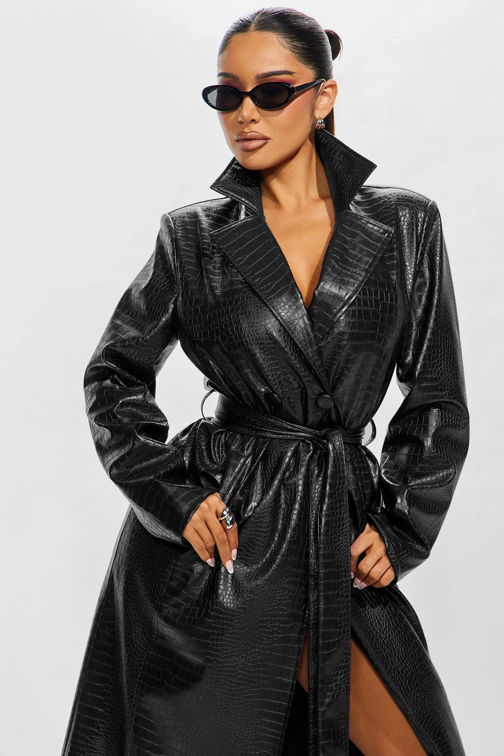 Victoria Faux Leather Trench Coat - Black