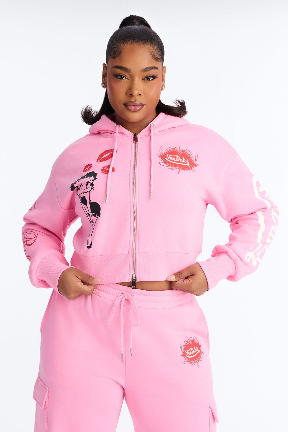 Von Dutch x Betty Boop Fleece Smooch Print Sweatshirt Zip Up - Pink