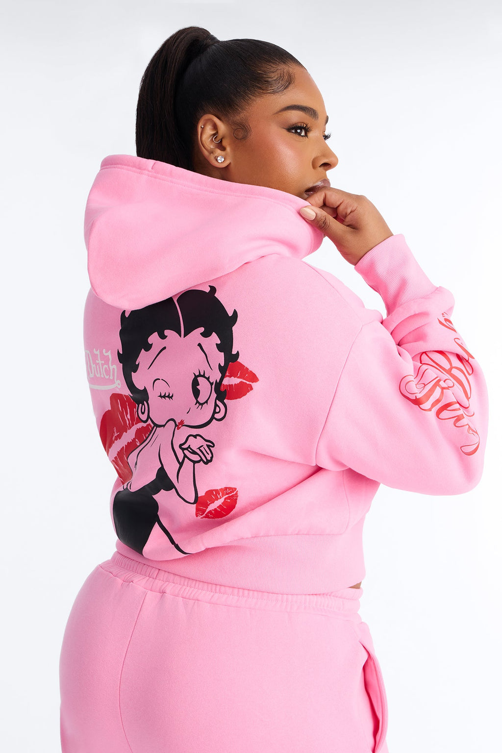 Von Dutch x Betty Boop Fleece Smooch Print Sweatshirt Zip Up - Pink