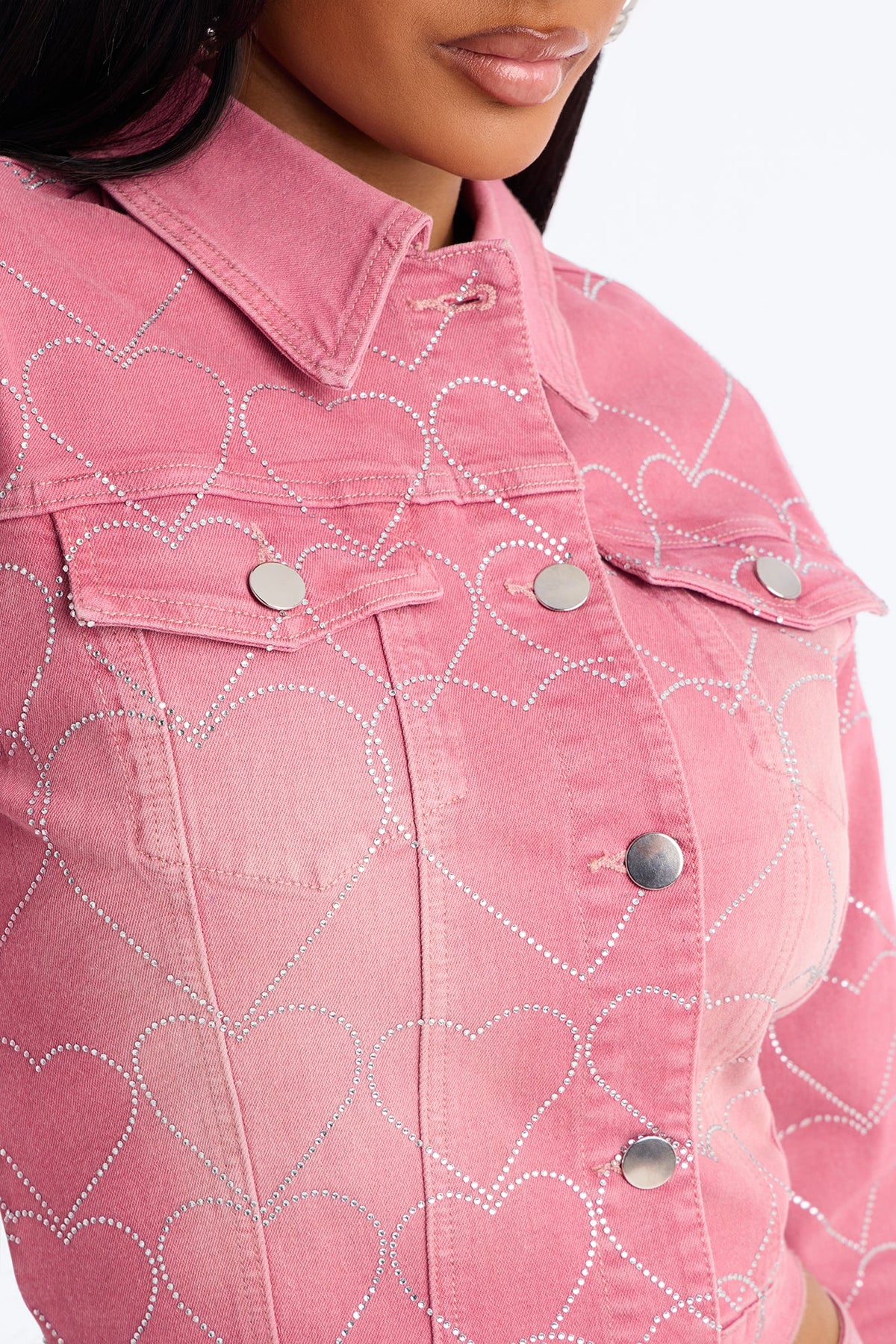 Breaking My Heart Embellished Denim Jacket - Rose
