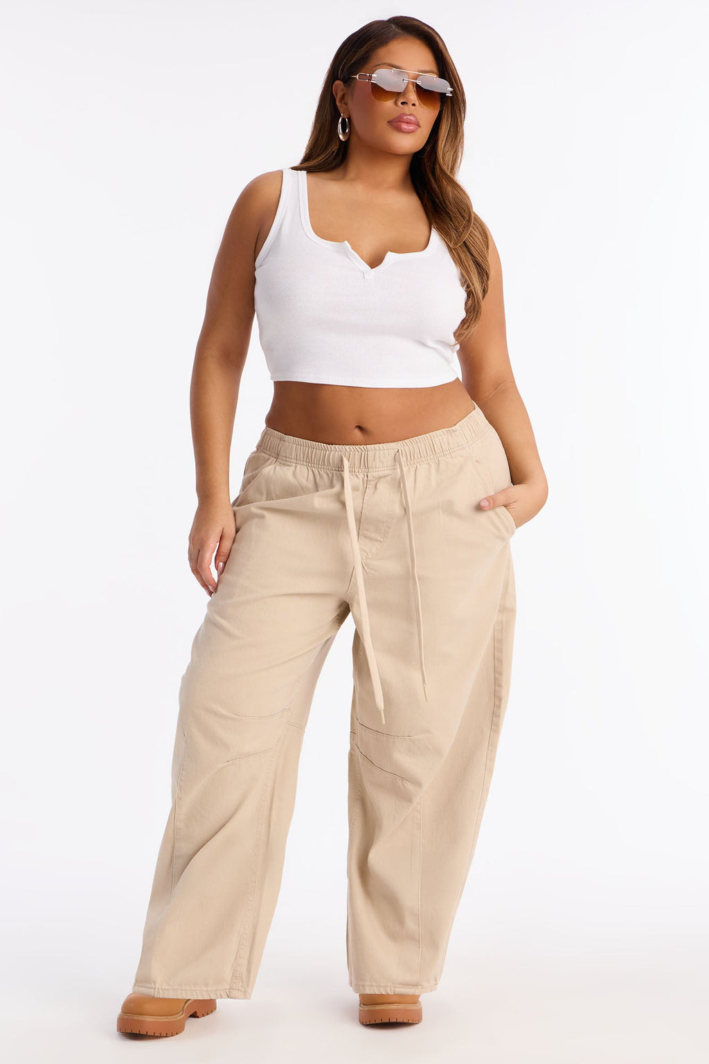 Vacay Moods Pull On Tie Waist Jeans - Khaki