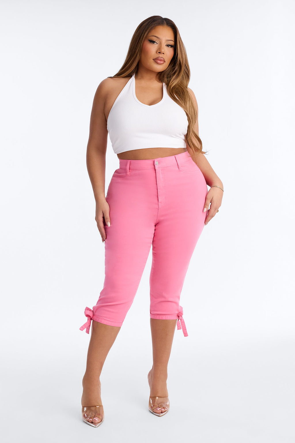 Classic Color High Waist Bow Tie Capri Jeans - Pink