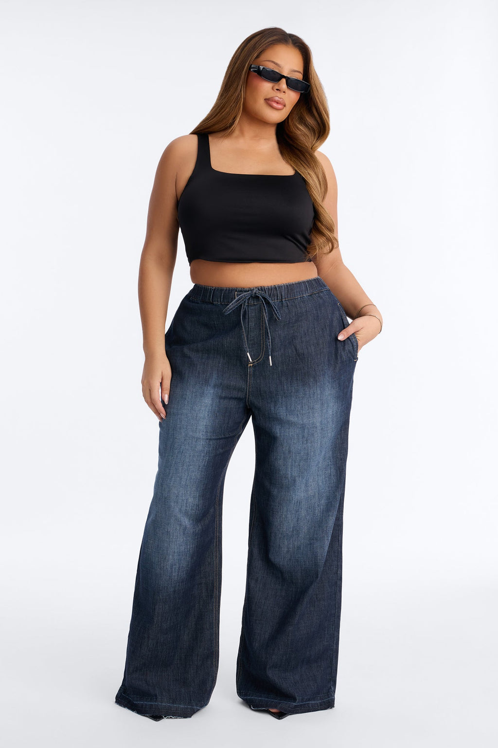 Marina Stretch Crosshatch Tie Waist Jeans - Dark Wash