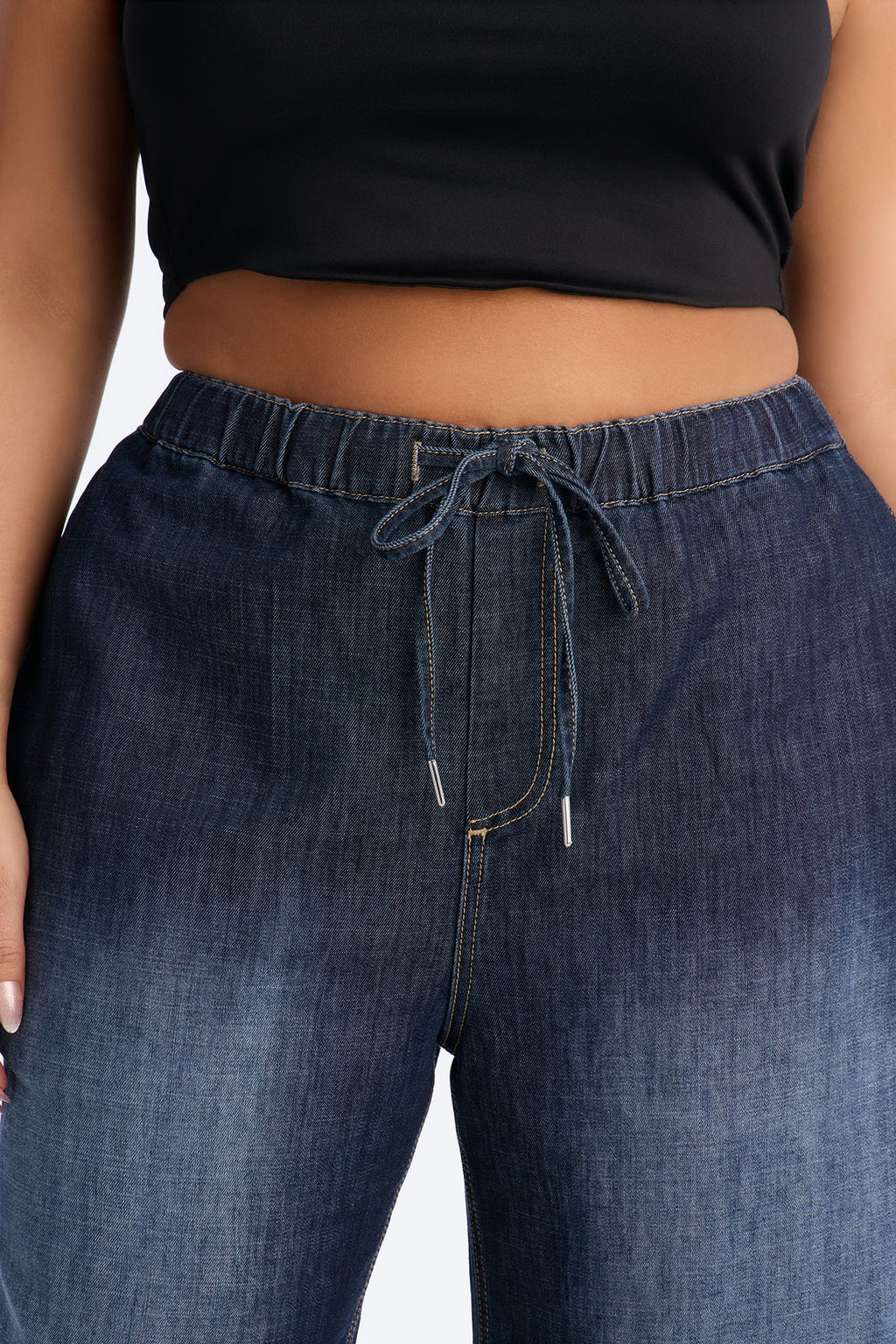 Marina Stretch Crosshatch Tie Waist Jeans - Dark Wash