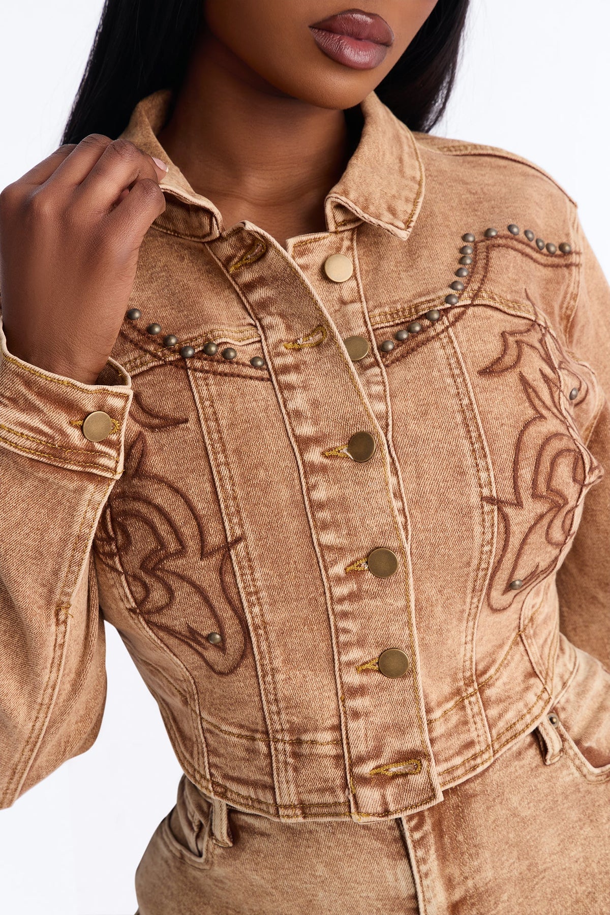 Letting It Ride Embellished Stretch Denim Jacket - Brown