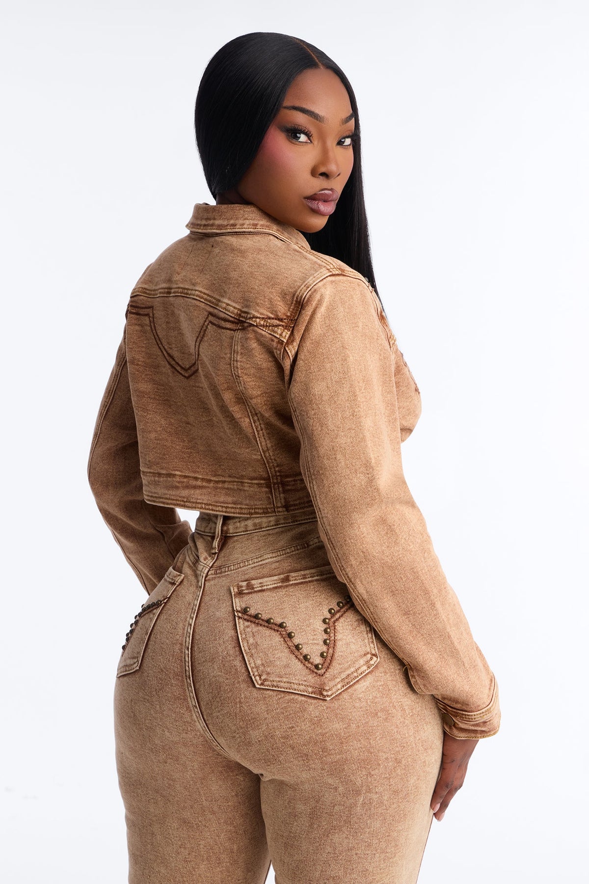 Letting It Ride Embellished Stretch Denim Jacket - Brown