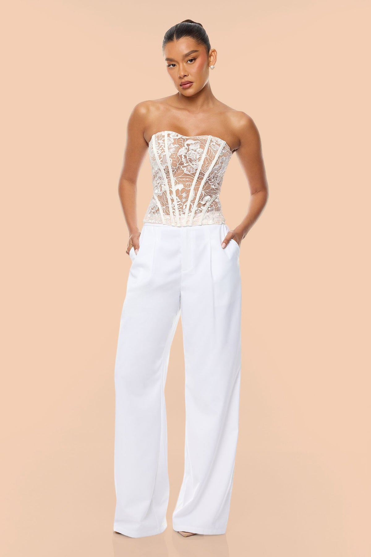 Brenda Lace Corset Pant Set - White