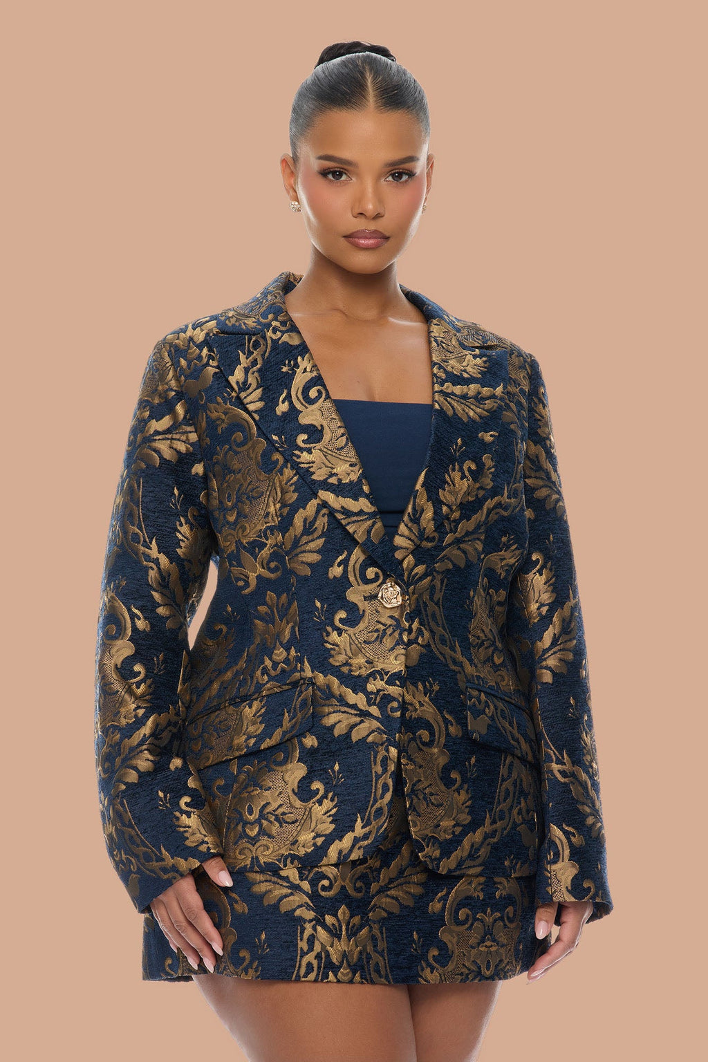 Vanya Jacquard Blazer Skirt Set - Navy/combo