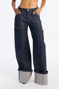 Premium Selvedge Cuffed Utility Wide Leg Jeans - Dark Denim