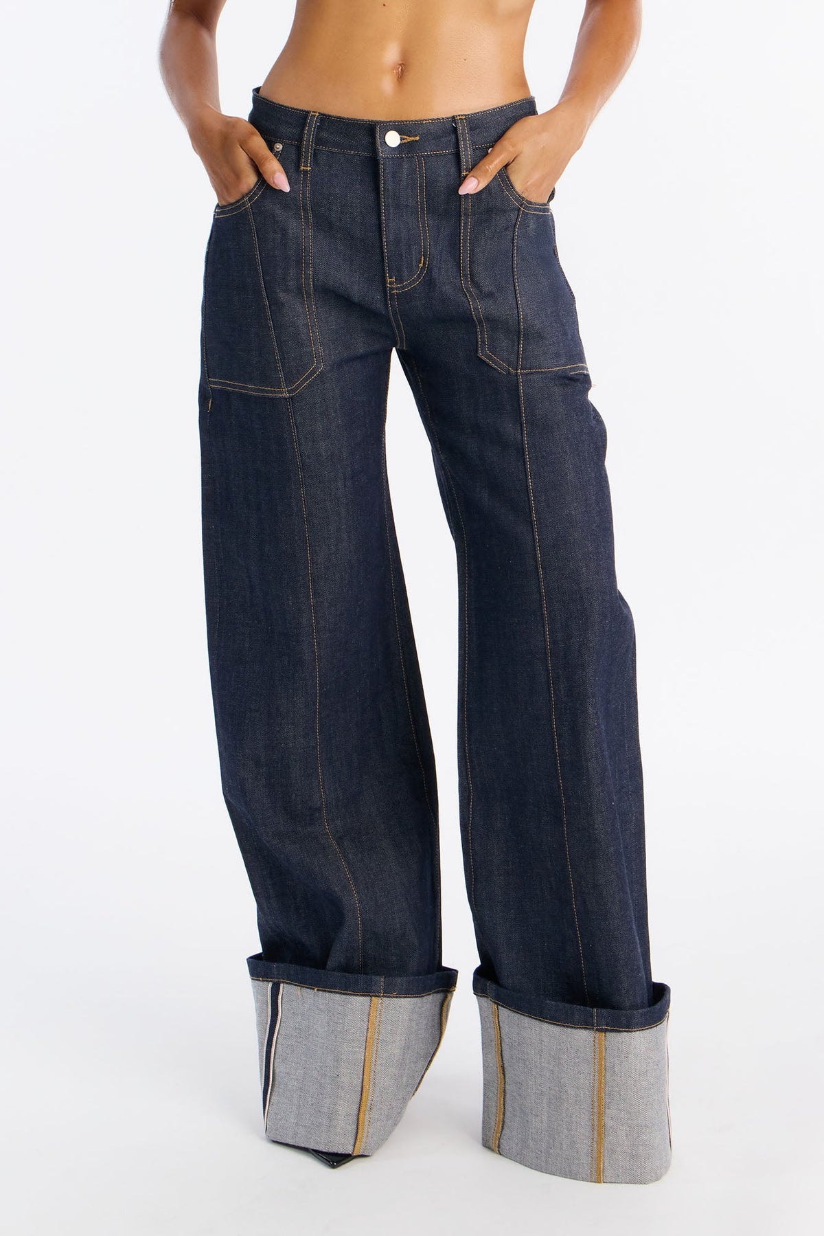 Premium Selvedge Cuffed Utility Wide Leg Jeans - Dark Denim