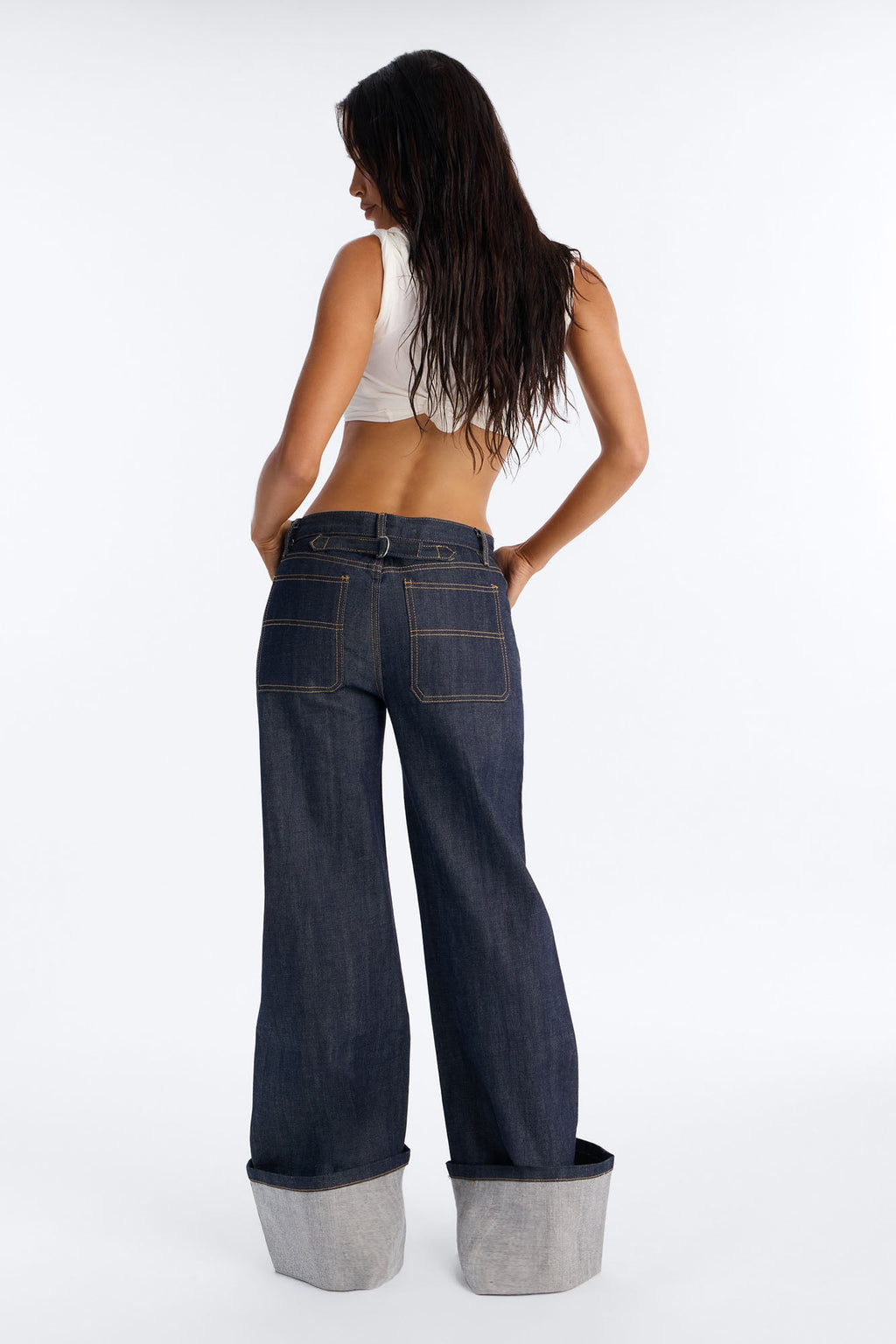 Premium Selvedge Cuffed Utility Wide Leg Jeans - Dark Denim