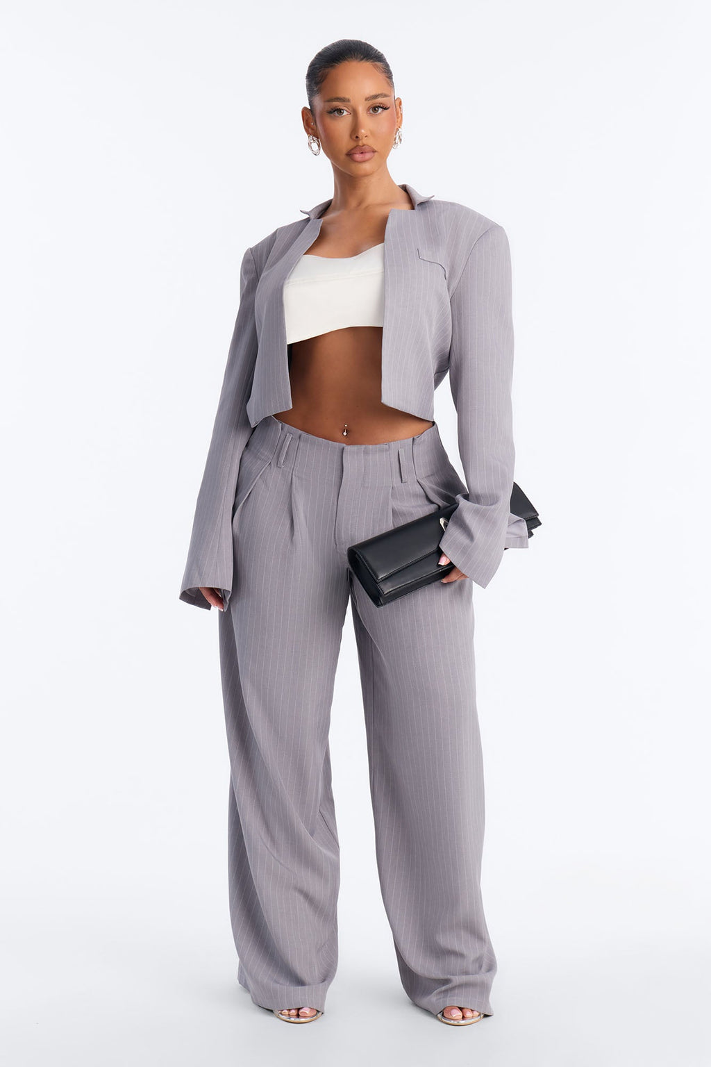 Ahmeira Cropped Pinstripe Blazer - Grey/combo