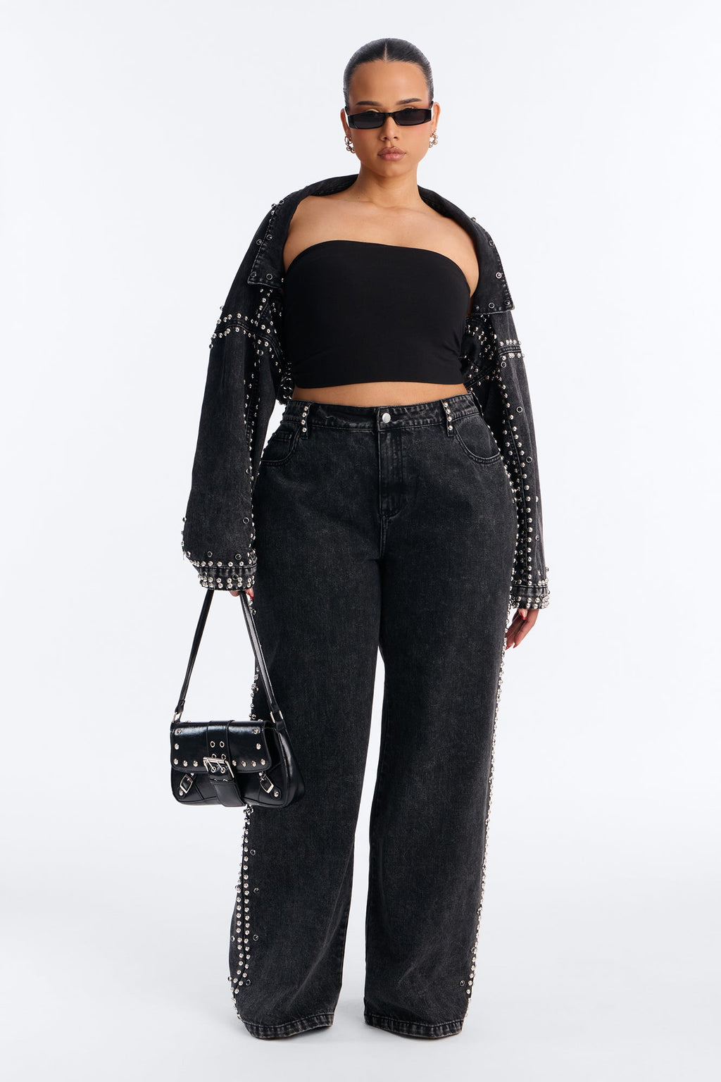Hollywood Studded Denim Jacket - Black Wash