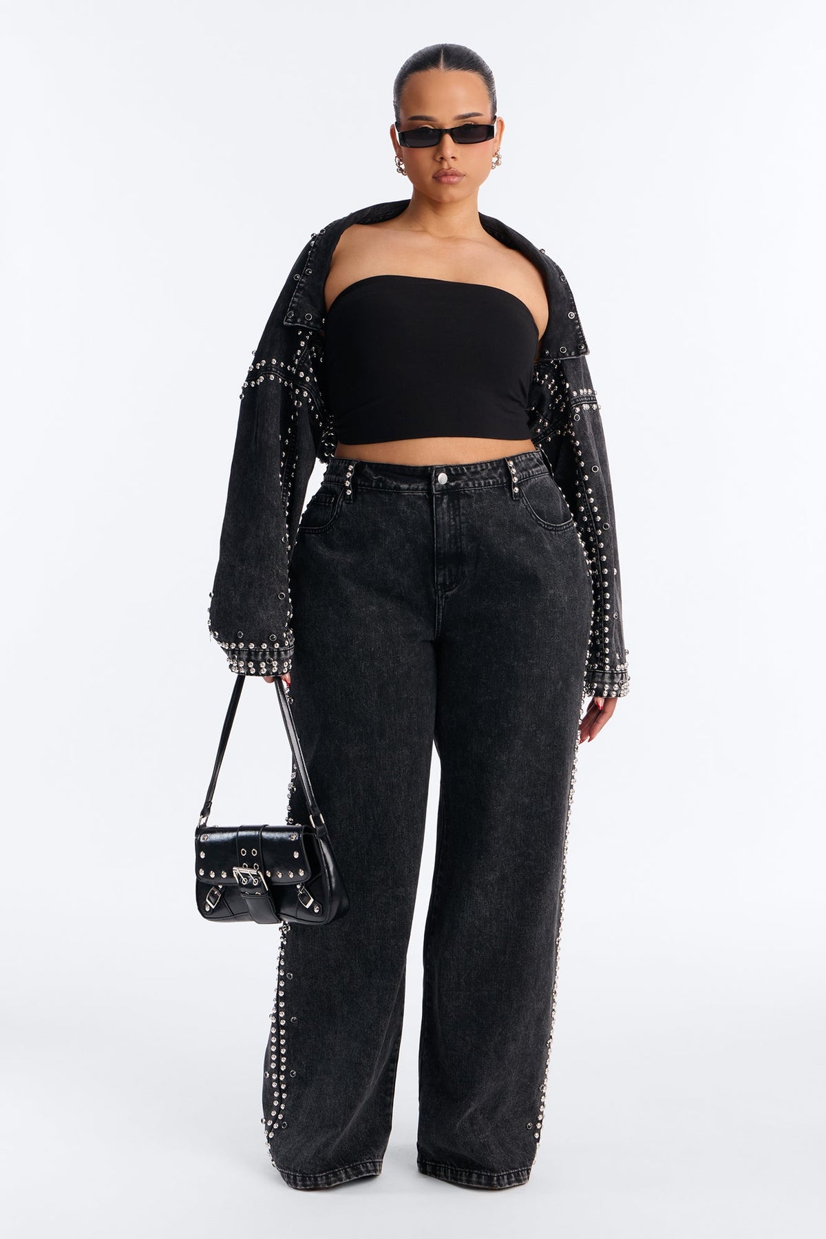 Hollywood Studded Denim Jacket - Black Wash
