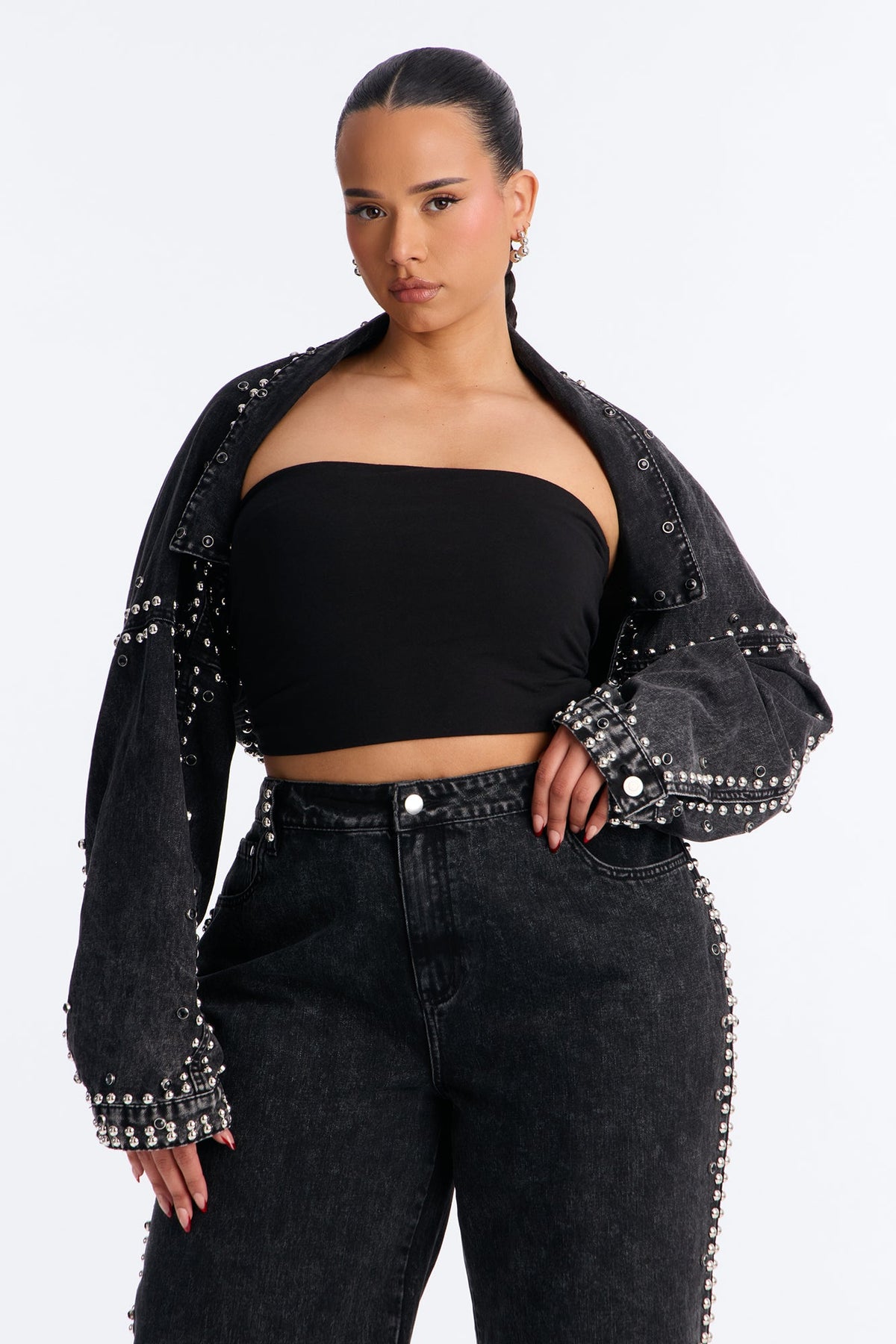 Hollywood Studded Denim Jacket - Black Wash