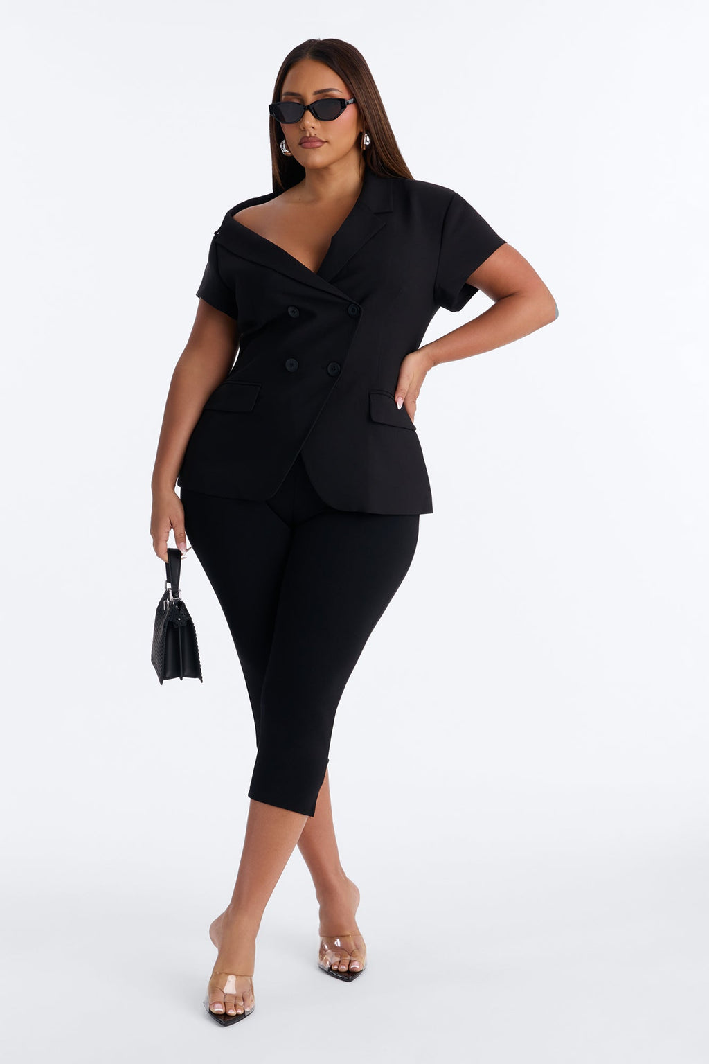 Valerie Asymmetrical Neckline Short Sleeve Blazer - Black