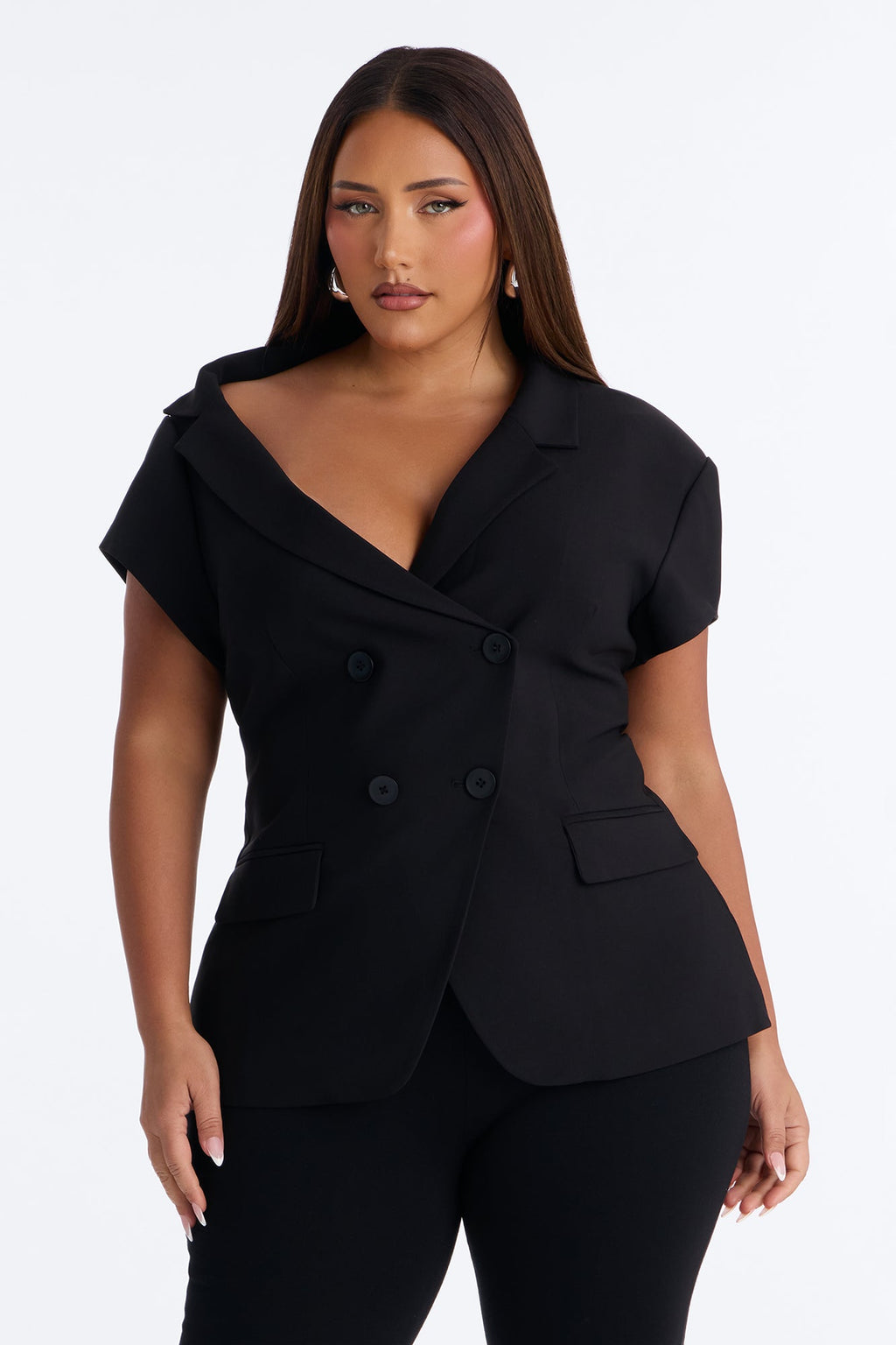 Valerie Asymmetrical Neckline Short Sleeve Blazer - Black
