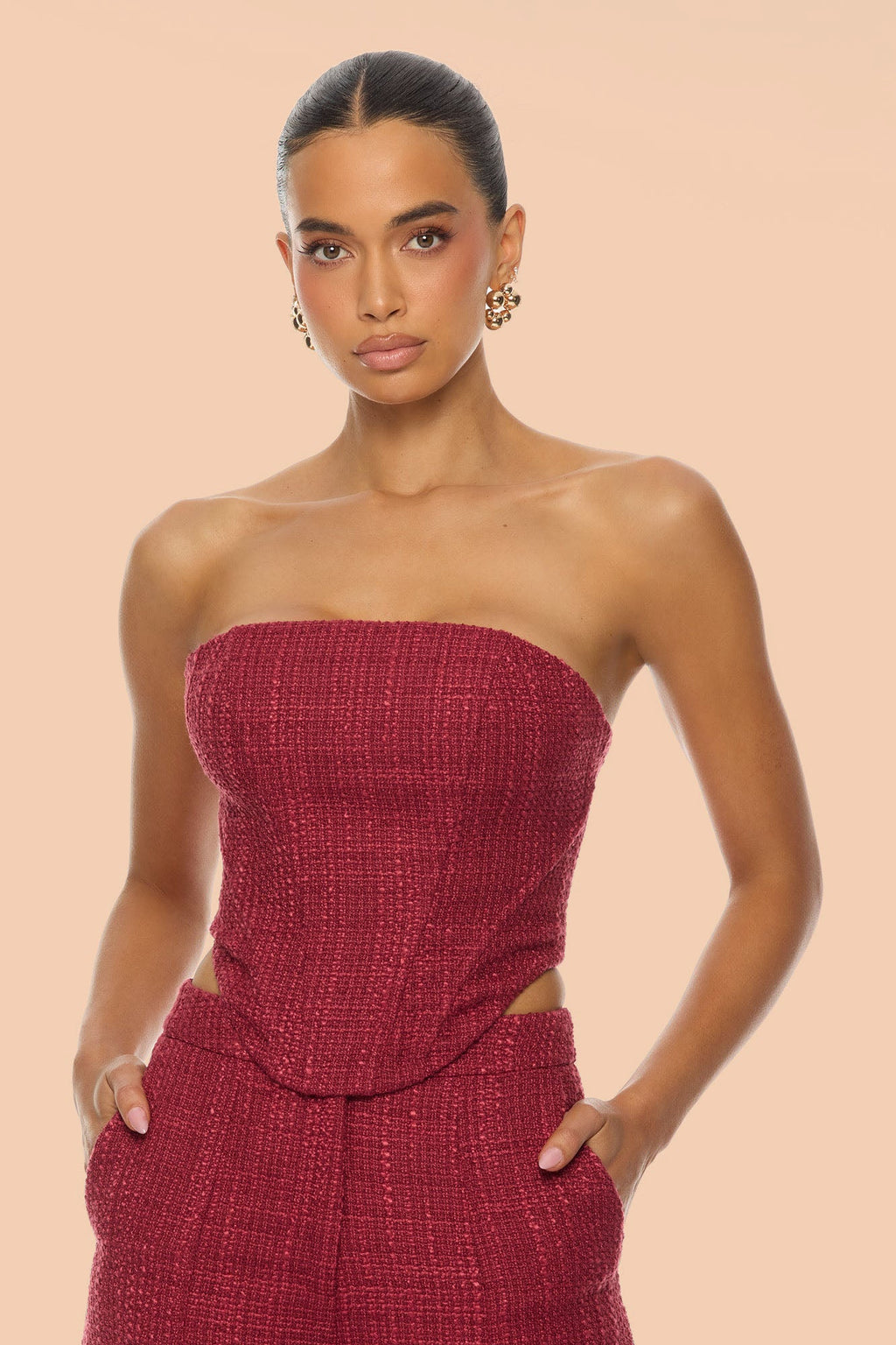 Cleo Tweed Corset Pant Set - Burgundy