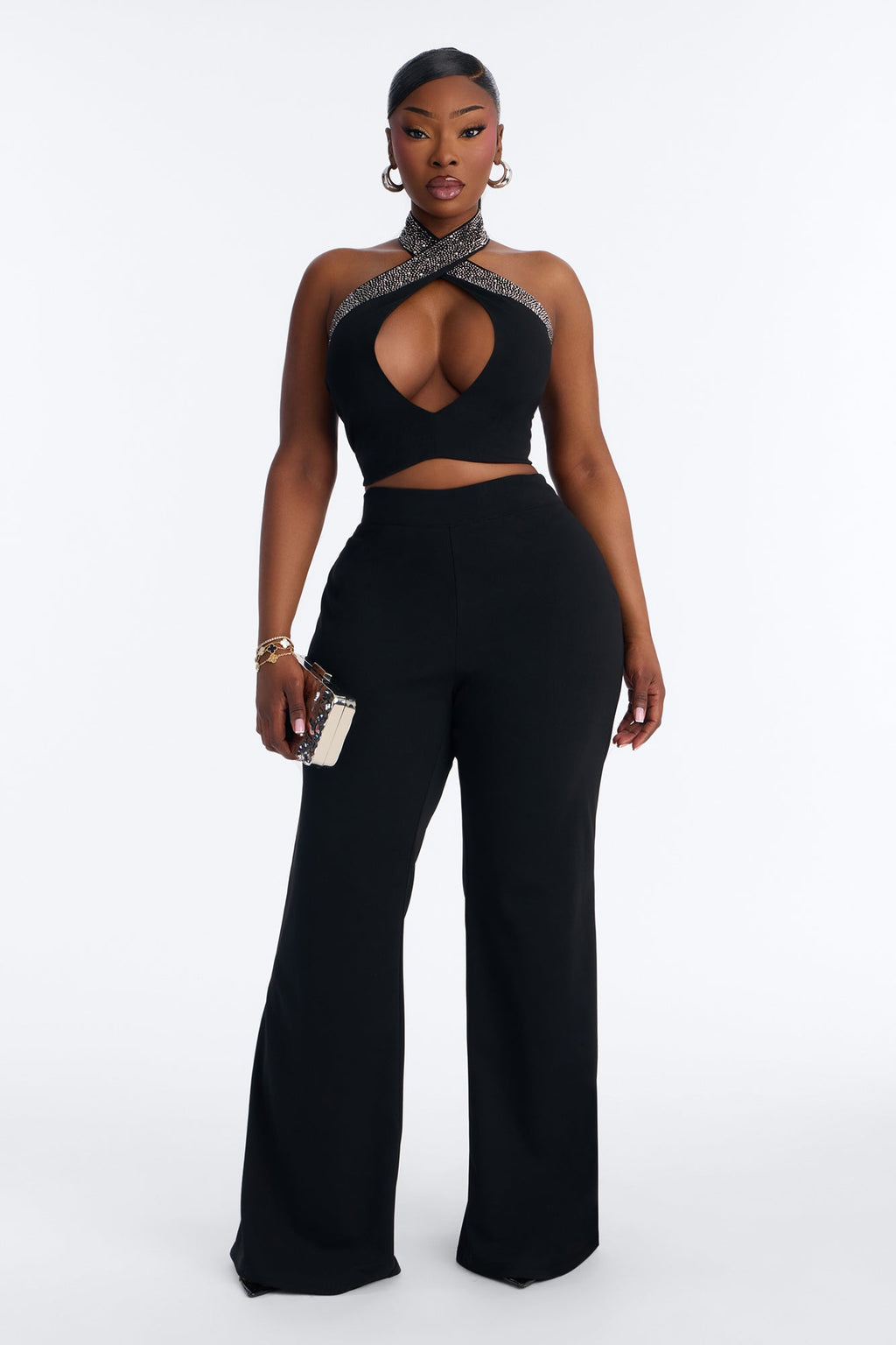 Glam Hour Rhinestone Halter Pant Set - Black