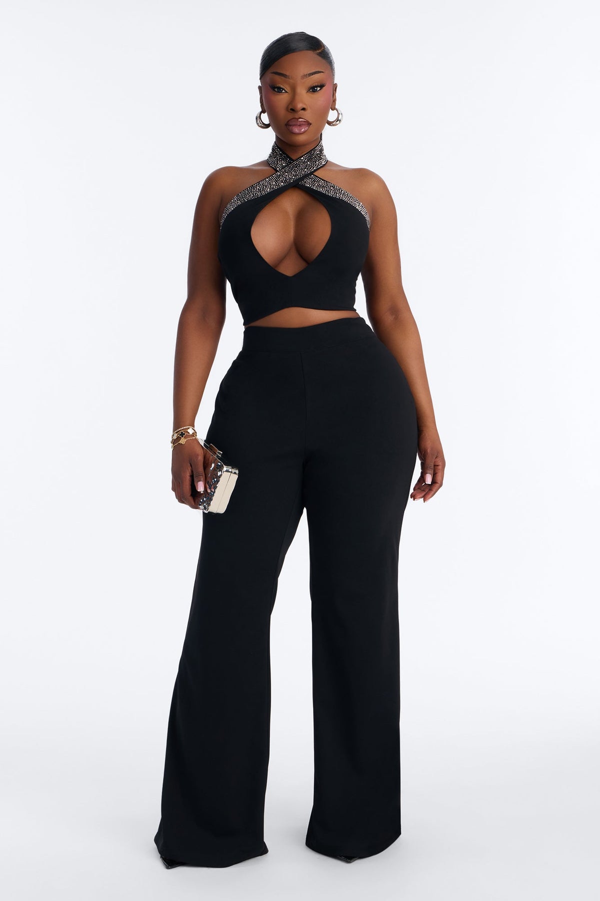 Glam Hour Rhinestone Halter Pant Set - Black