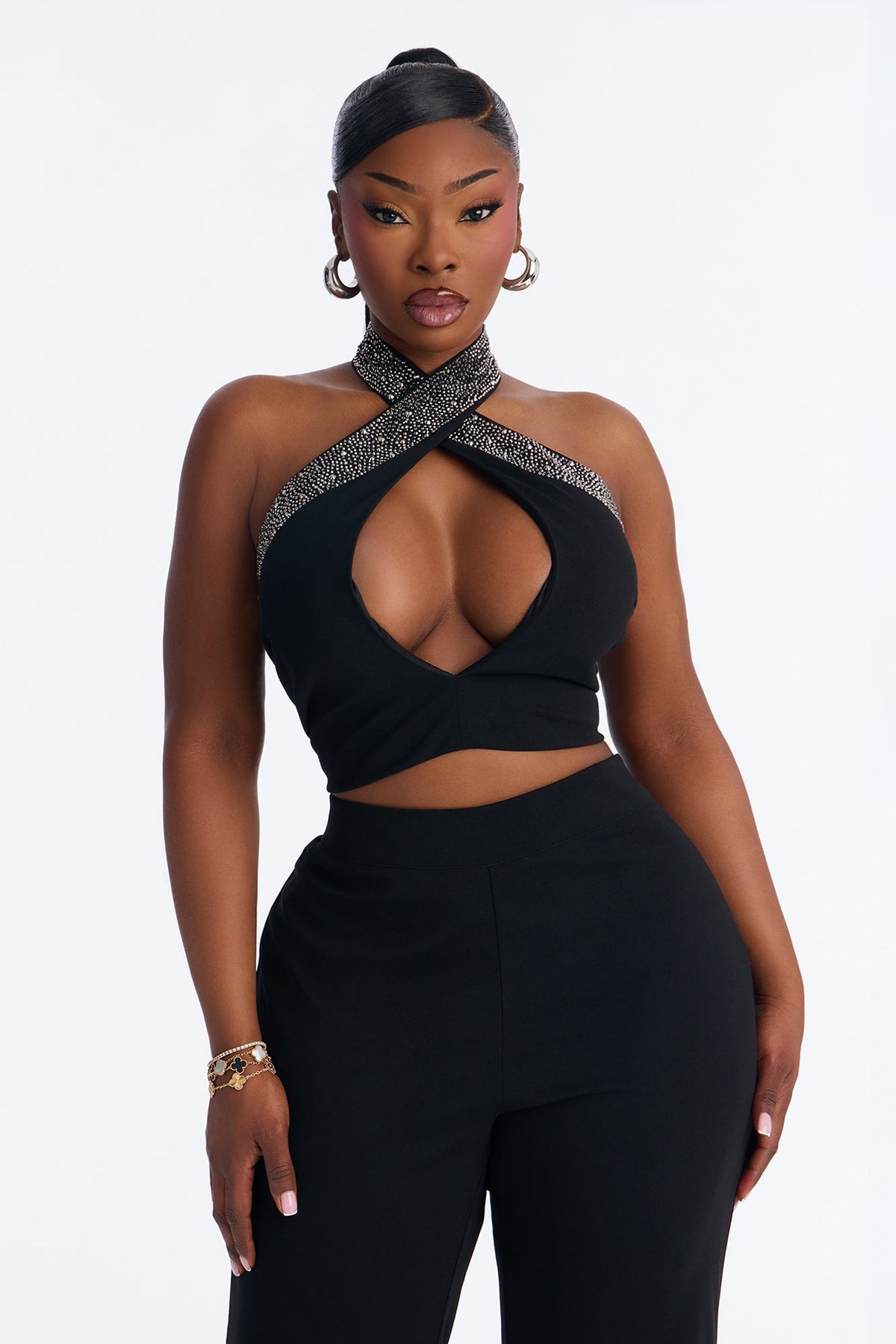Glam Hour Rhinestone Halter Pant Set - Black