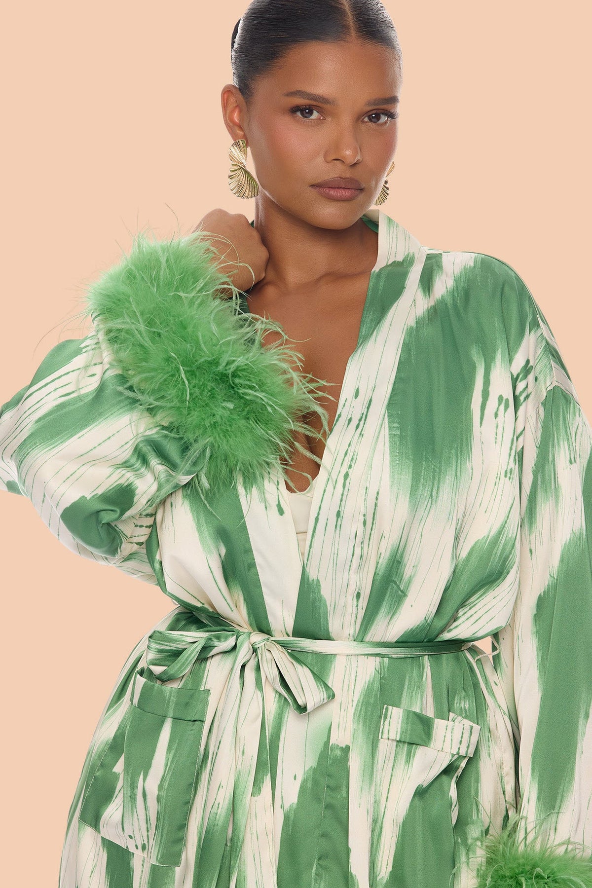 Freya Feathered Satin Kimono Pant 2 Piece Set - Green/combo
