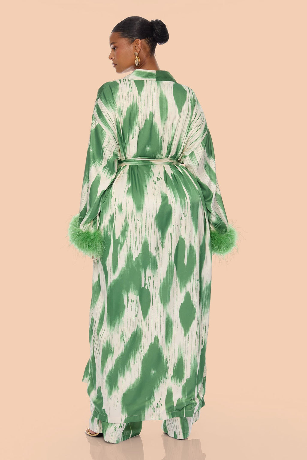 Freya Feathered Satin Kimono Pant 2 Piece Set - Green/combo