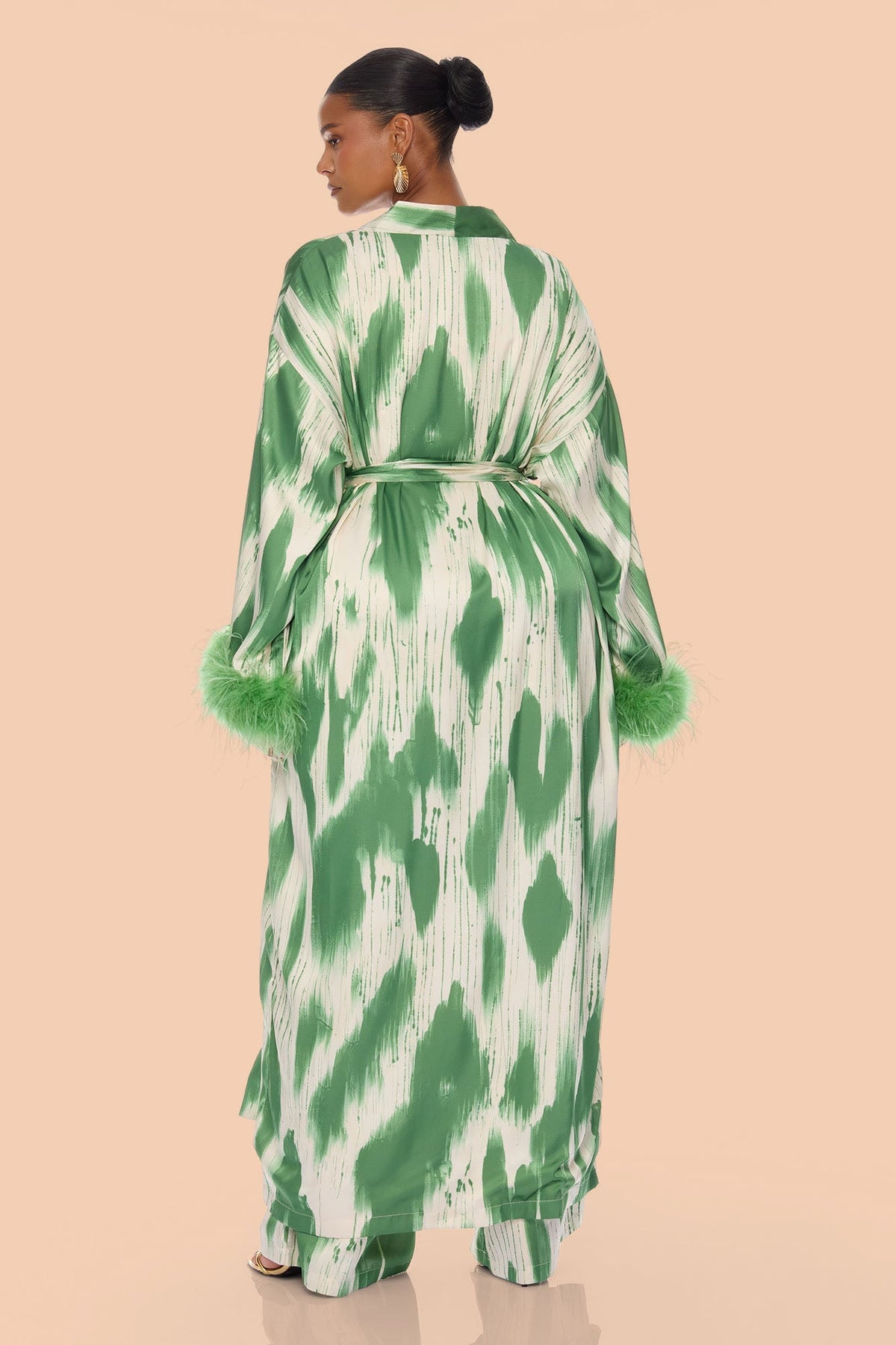 Freya Feathered Satin Kimono Pant 2 Piece Set - Green/combo