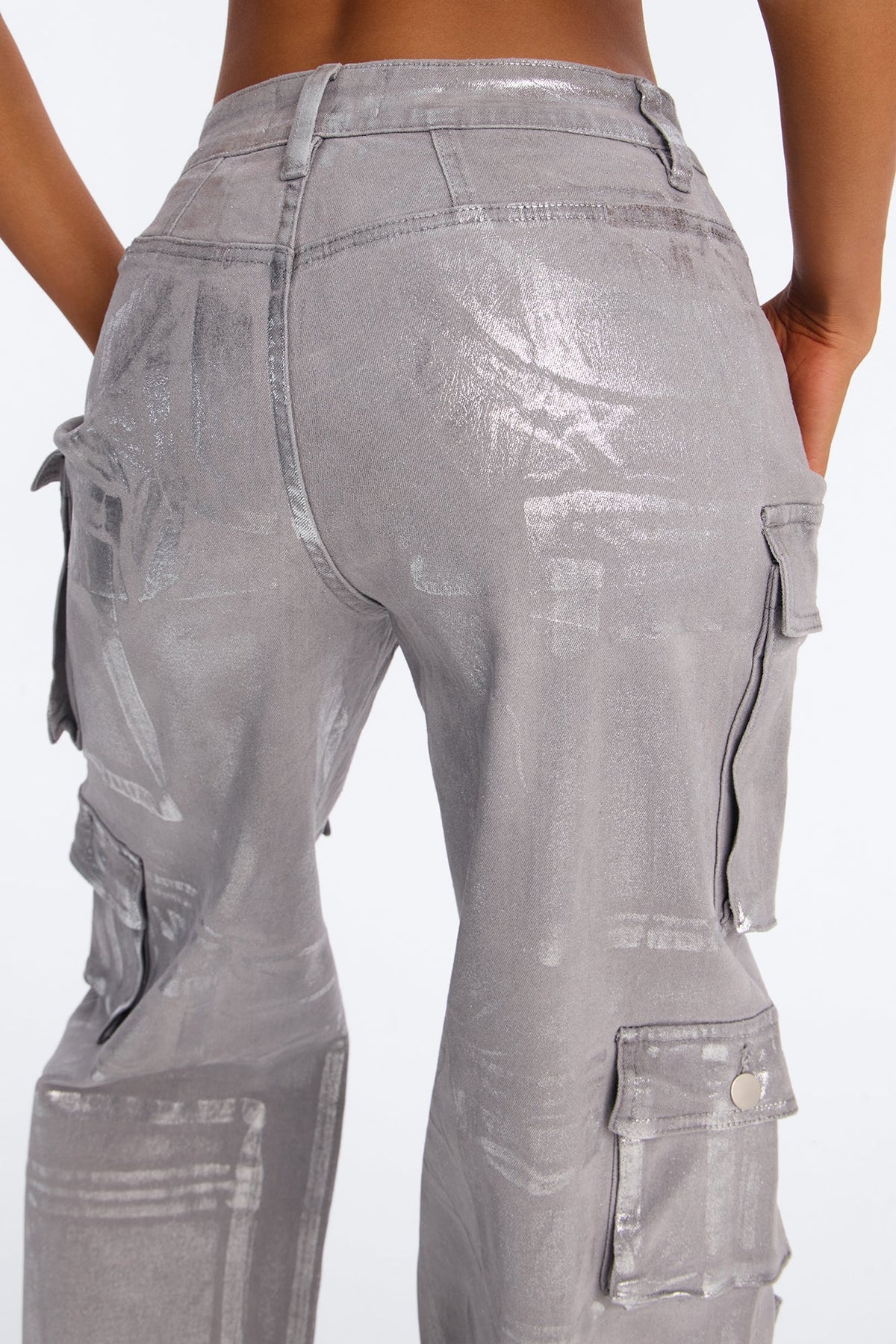Tall Time To Shine Foil Baggy Cargo Jeans - Silver