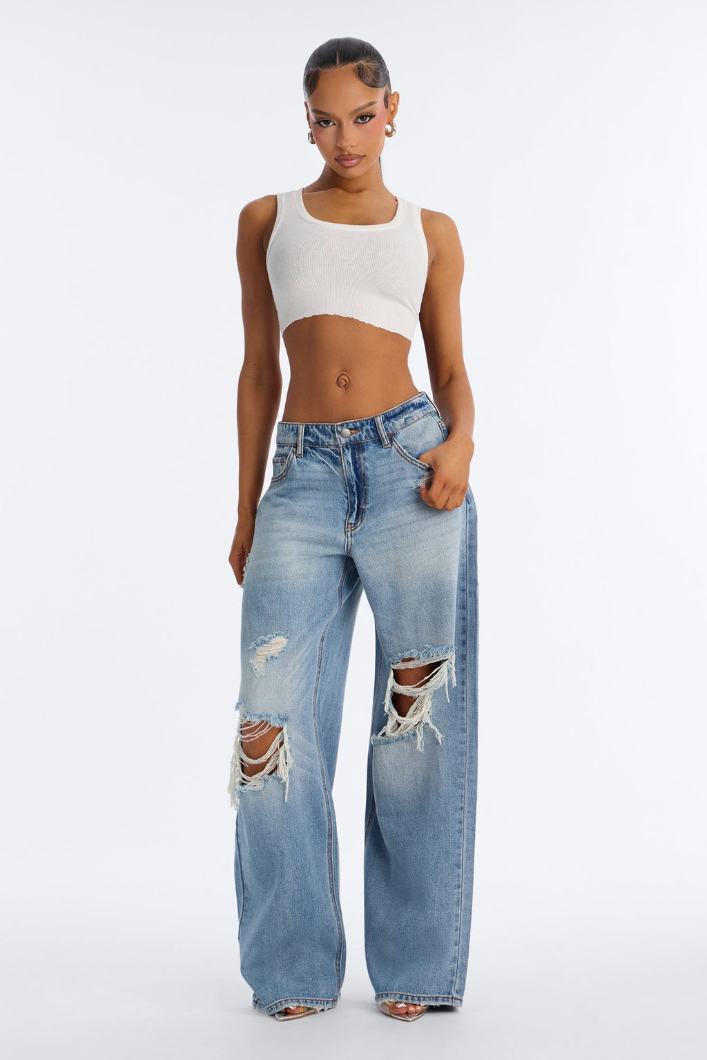 Delphine Ripped Wide Leg Jeans - Medium Wash
