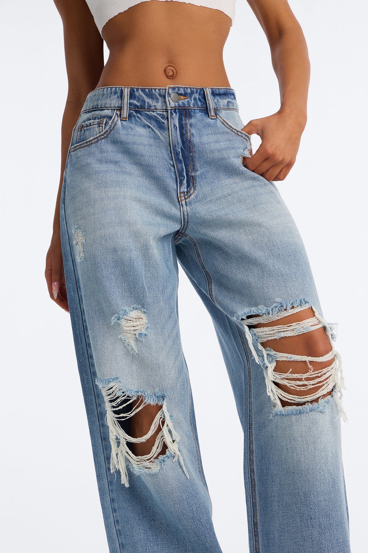 Delphine Ripped Wide Leg Jeans - Medium Wash