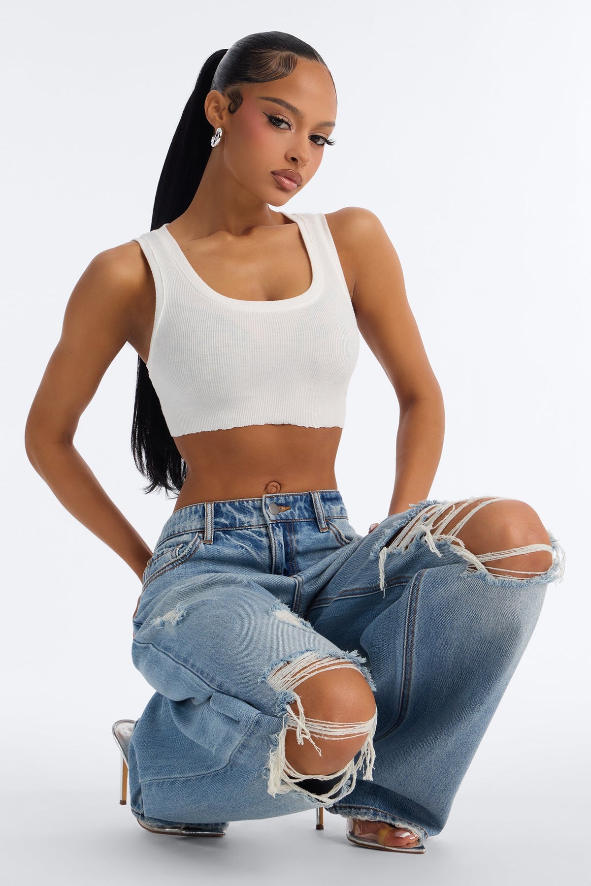 Delphine Ripped Wide Leg Jeans - Medium Wash