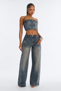 Trinity Denim Rhinestone Pant Set - Acid Wash Denim