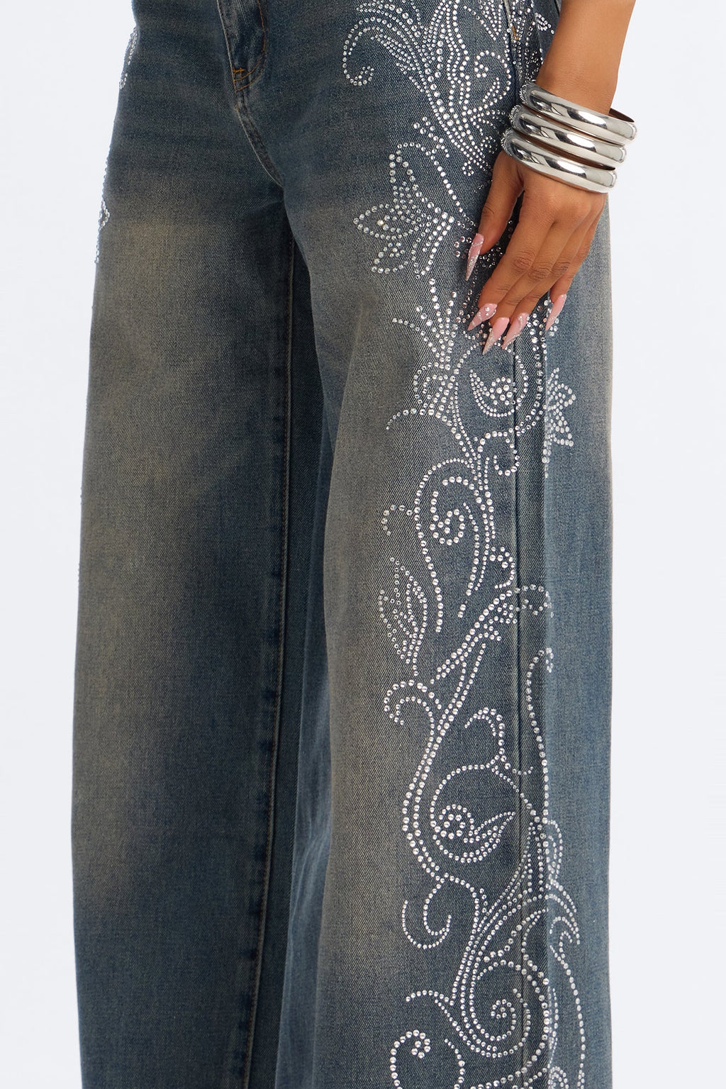 Trinity Denim Rhinestone Pant Set - Acid Wash Denim