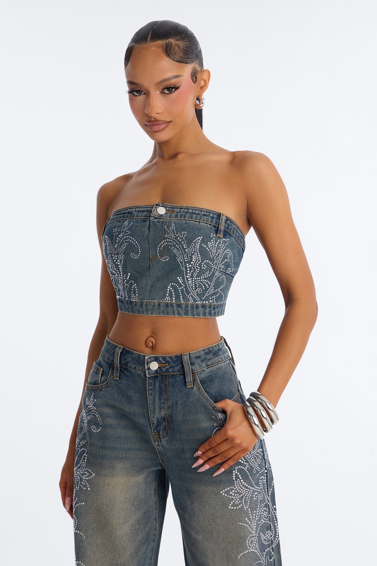 Trinity Denim Rhinestone Pant Set - Acid Wash Denim