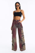 Horizon Tinted Cargo Wide Leg Jeans - Red/combo