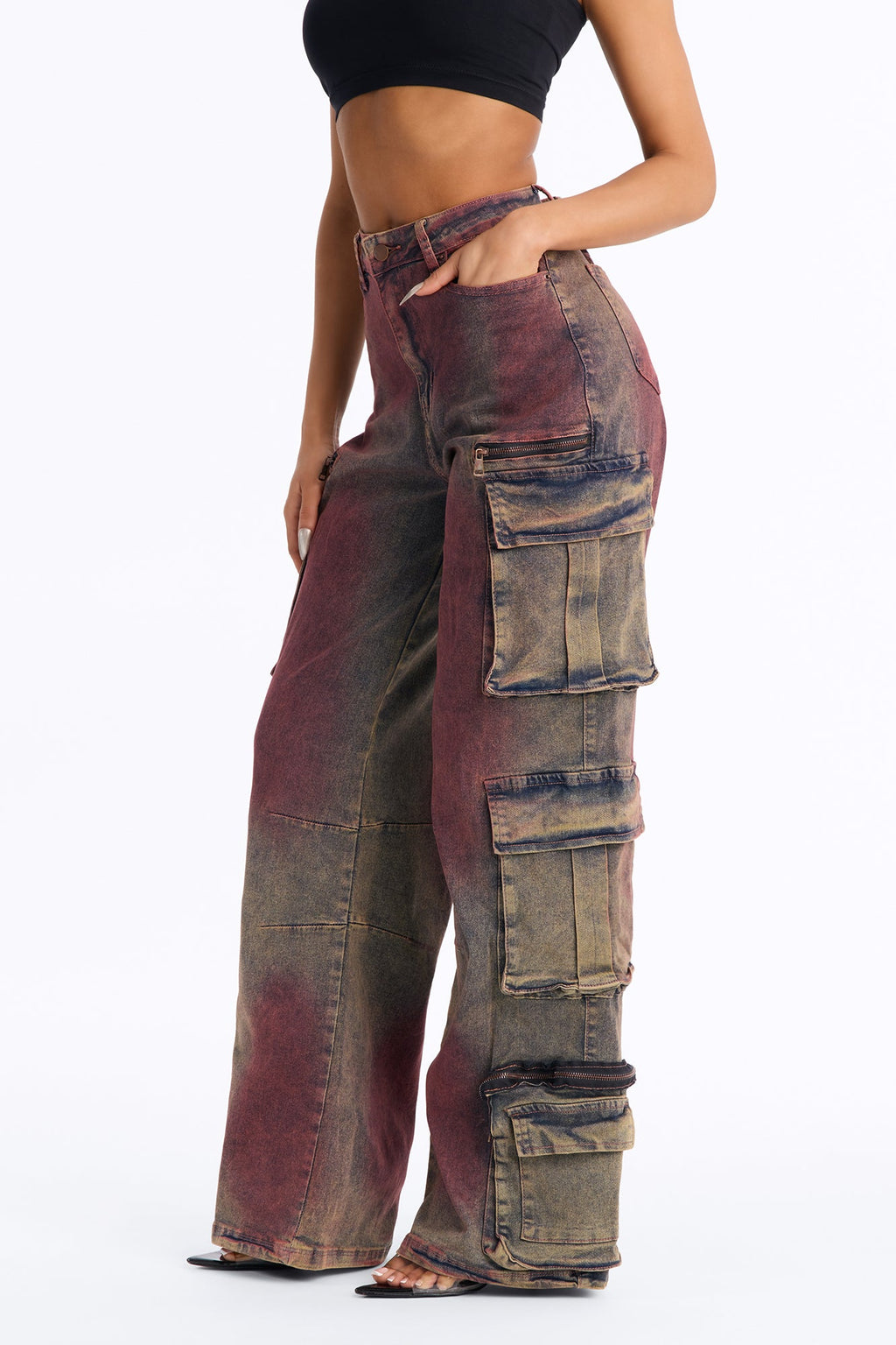 Horizon Tinted Cargo Wide Leg Jeans - Red/combo