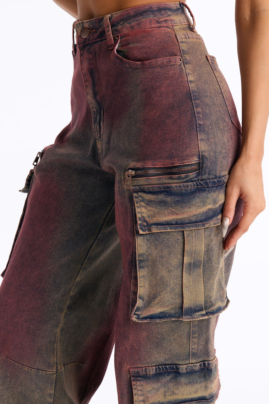Horizon Tinted Cargo Wide Leg Jeans - Red/combo