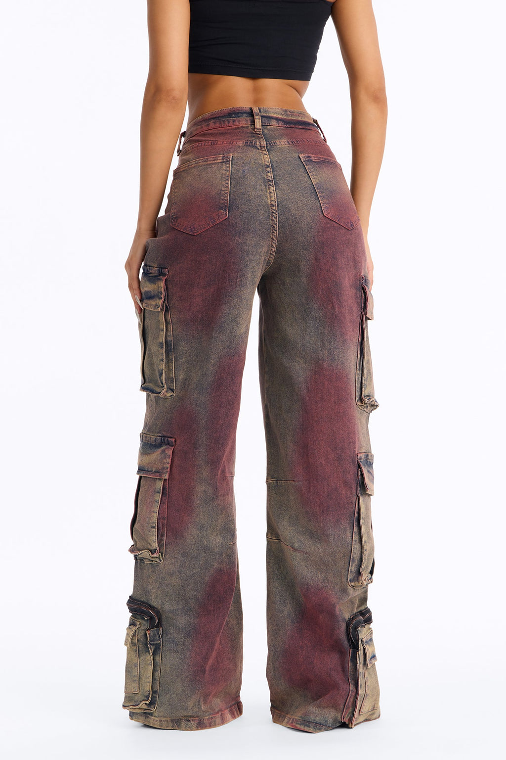 Horizon Tinted Cargo Wide Leg Jeans - Red/combo