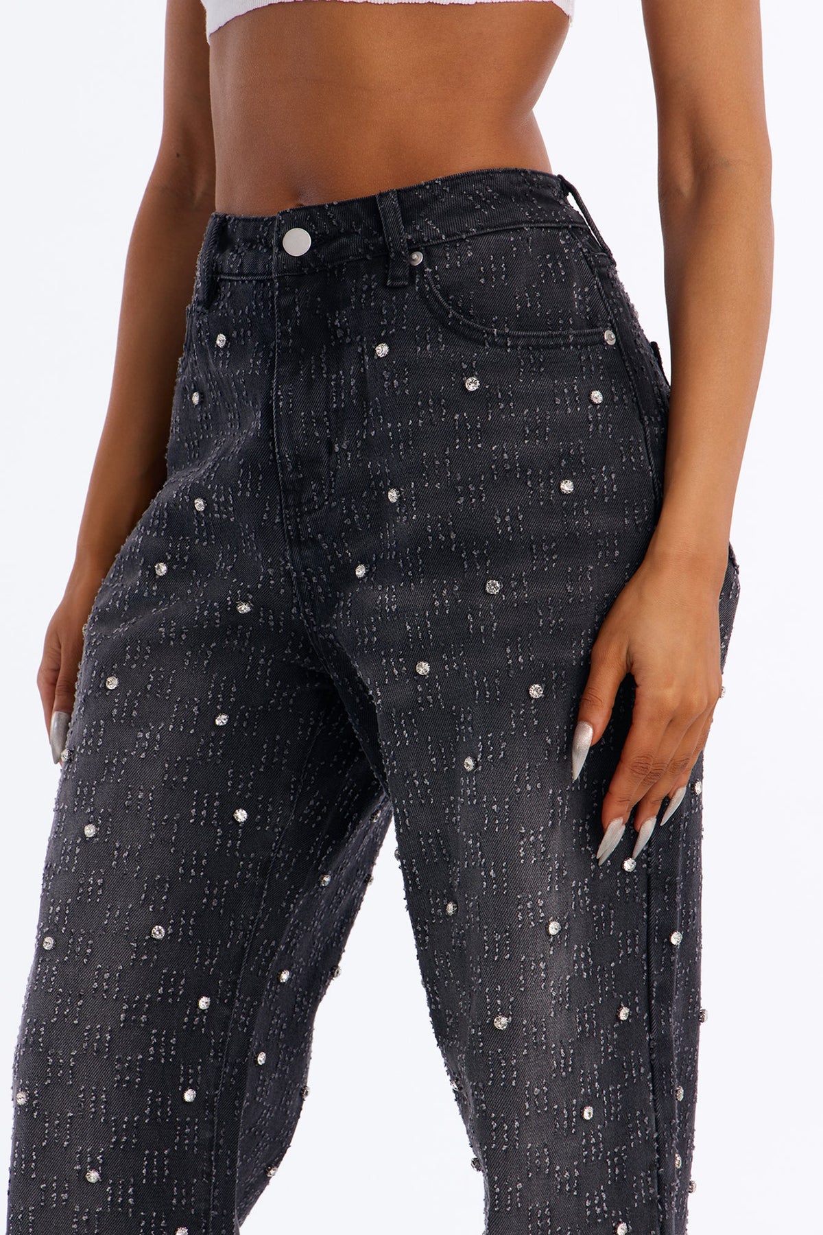 City Lights Embellished Wide Leg Jeans - Black Wash
