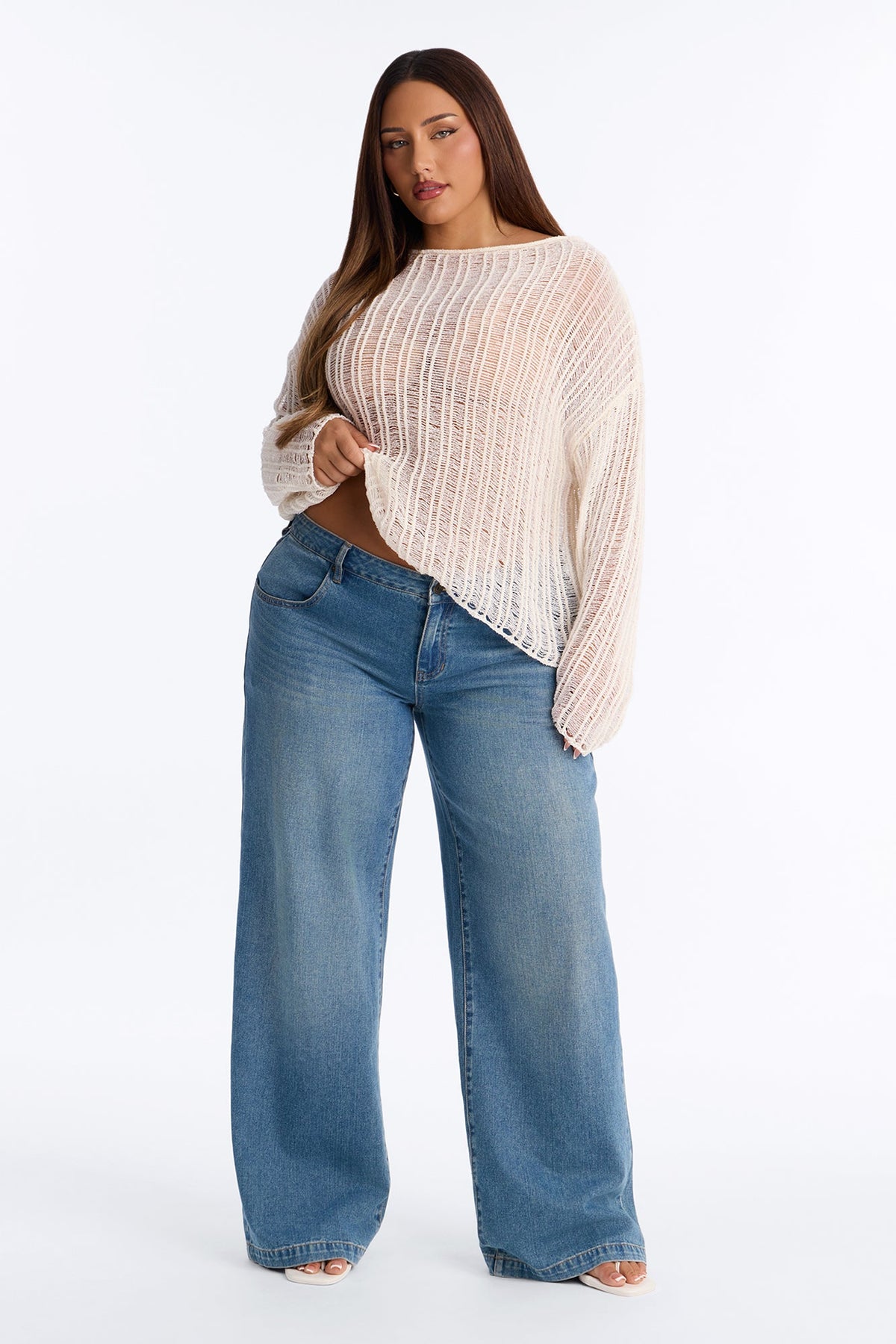 Arden Long Sleeve Distressed Sweater - Cream