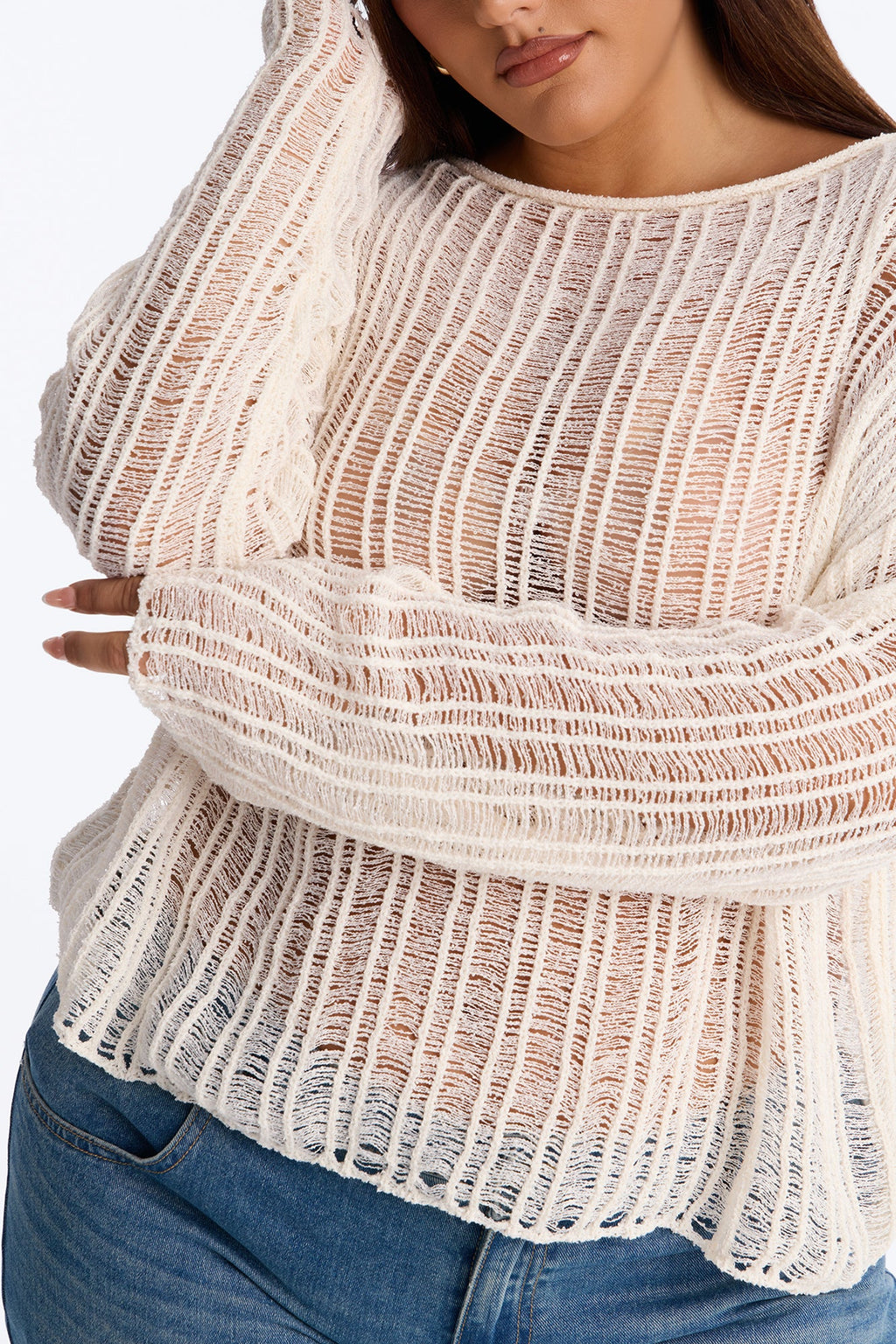 Arden Long Sleeve Distressed Sweater - Cream