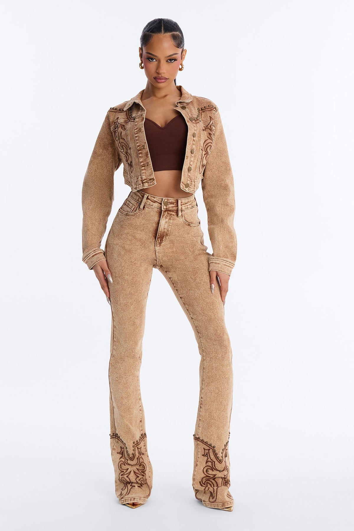 Letting It Ride Embellished Stretch Denim Jacket - Brown