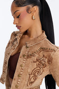 Letting It Ride Embellished Stretch Denim Jacket - Brown