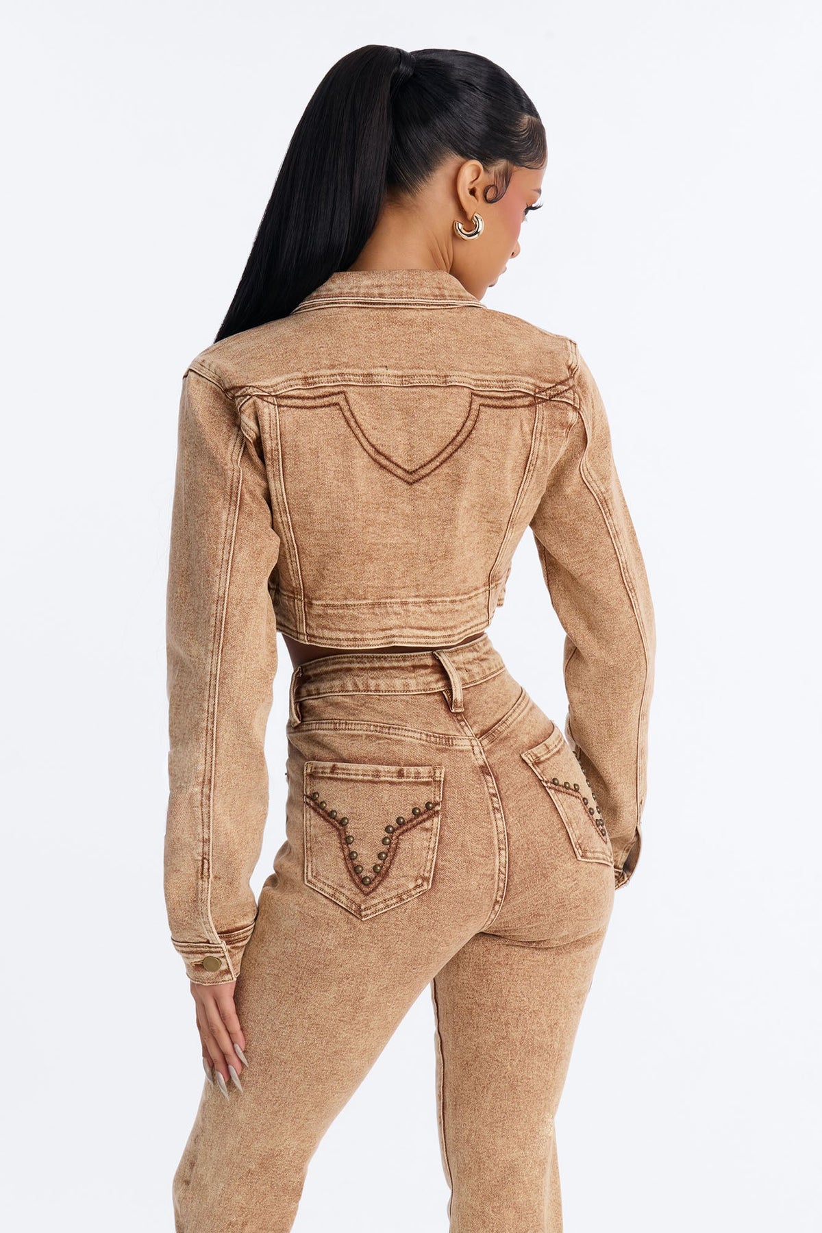 Letting It Ride Embellished Stretch Denim Jacket - Brown