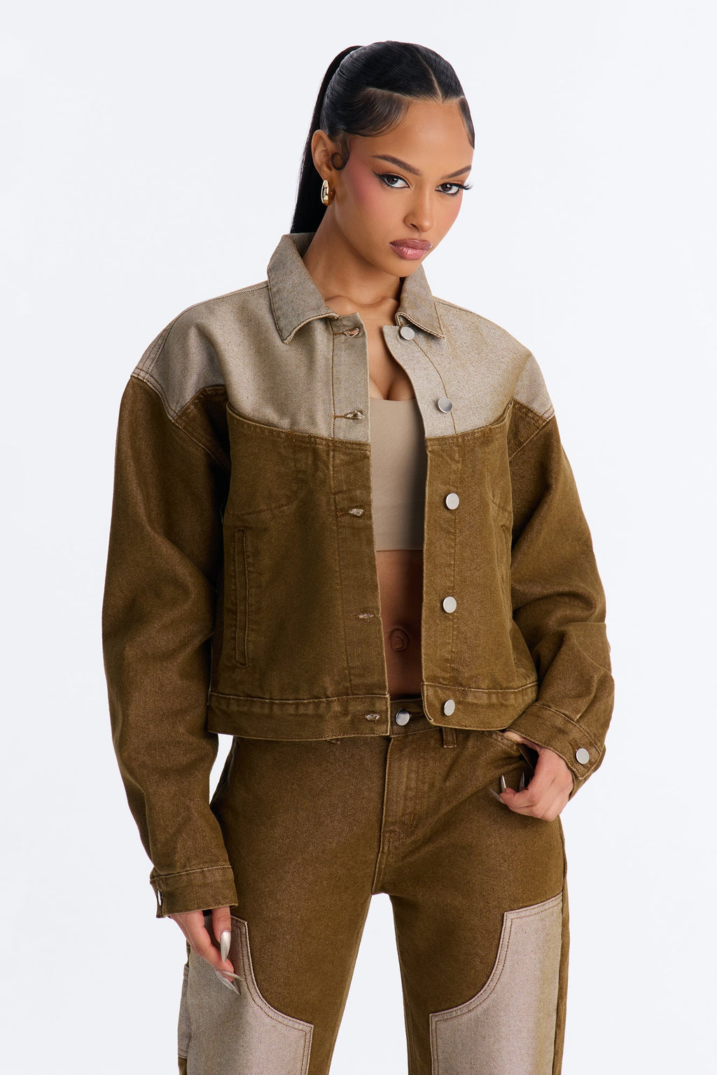 The Cold Shoulder Shiny Denim Jacket - Brown