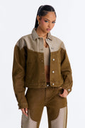 The Cold Shoulder Shiny Denim Jacket - Brown
