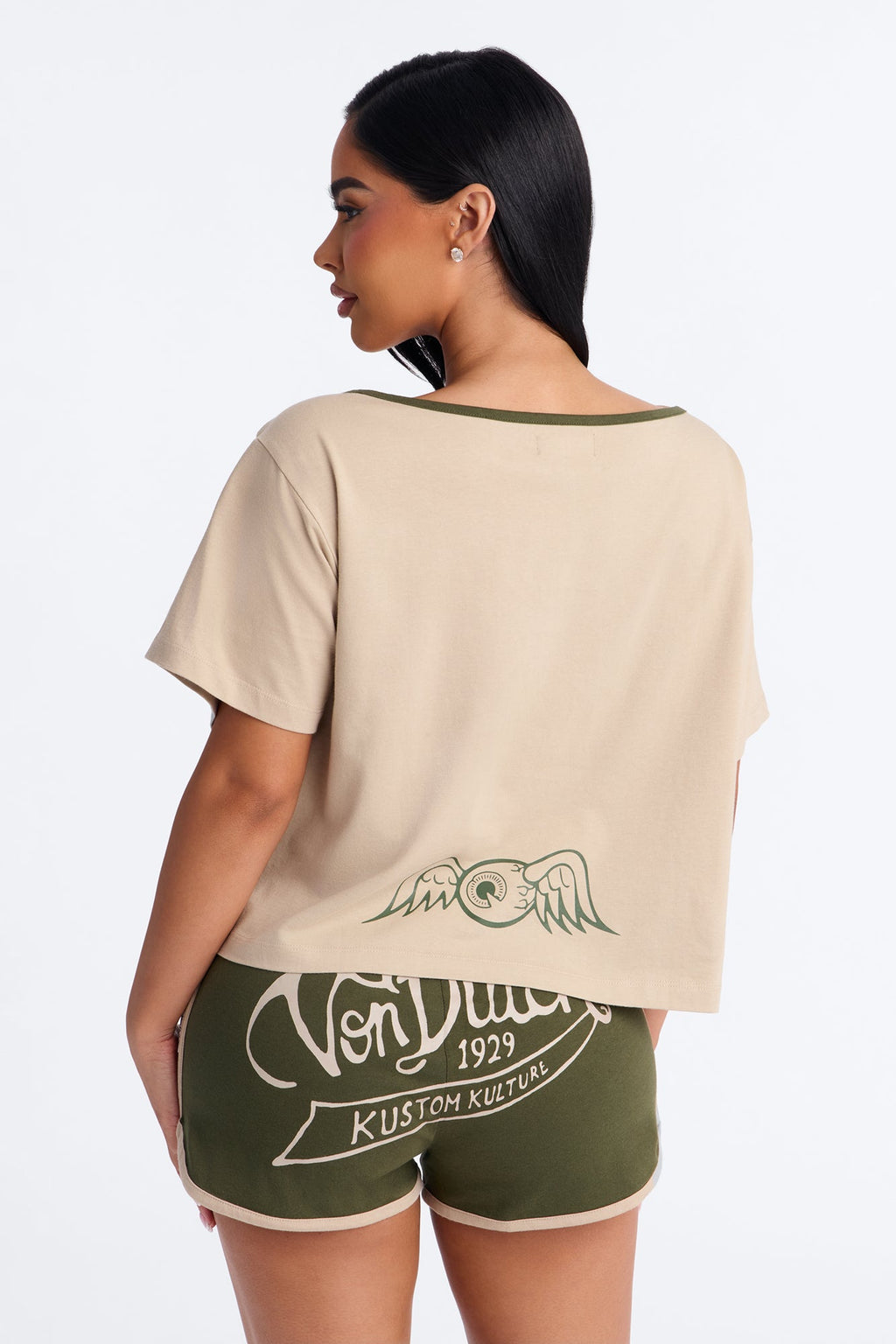 Von Dutch Flying Eye Contrast Off Shoulder PJ Short Set - Olive
